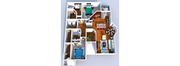 A 3D floor plan of a house with a kitchen, living room, dining room, and bedrooms.