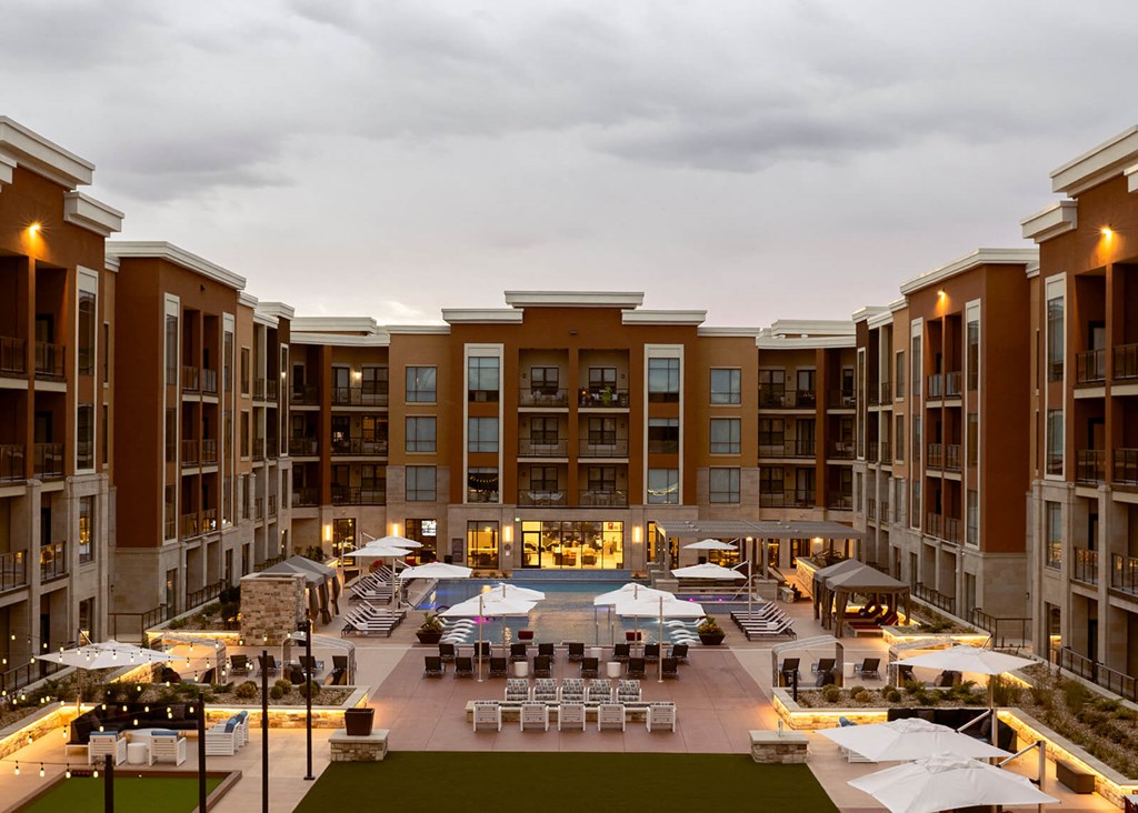Sunset over the pool deck at The Residences at Galleria, Overland Park, KS, 66211