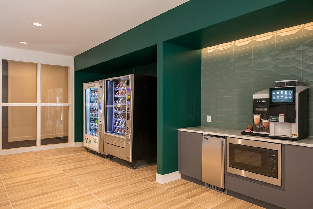 Summer Kitchen with Coffee Machine and Vending Machines at The Residences at Galleria, Overland Park, KS