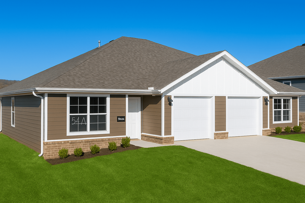 A house with a brown roof and a white garage door.