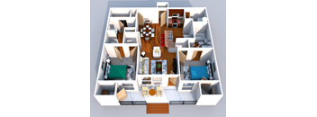 A 3D floor plan of a house showing the layout of the rooms.