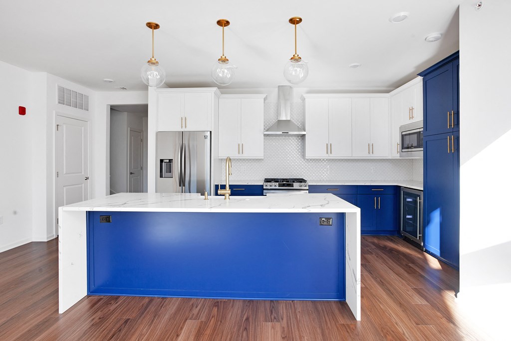 Kitchen with blue cabinets at 44 Washington, Kansas City