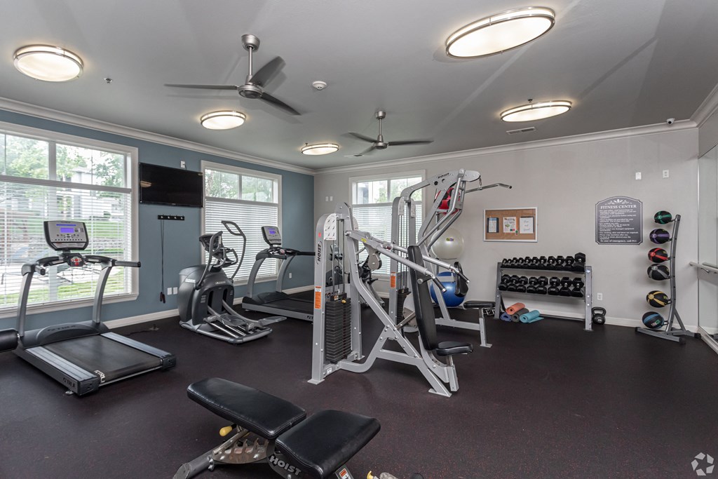 gym with exercise equipment and windows at the apartments