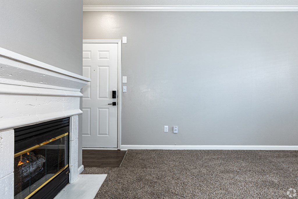 A room with a fireplace and a door.