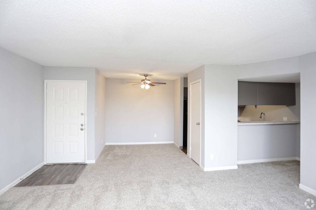 A room with a carpeted floor and a ceiling fan.
