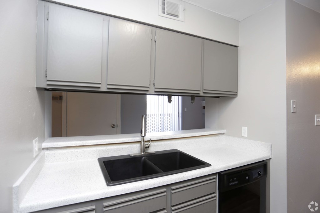 A kitchen with a sink and cabinets.