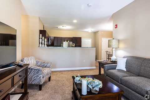 A living room with a grey couch, a coffee table, and a chair with a striped cushion.