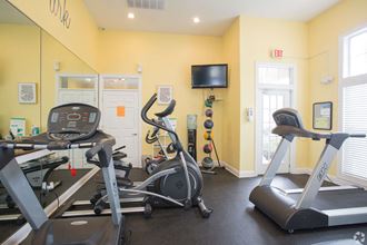 a room filled with cardio equipment and a flat screen tv  at Centennial Park Apartments, Overland Park, KS - Photo Gallery 2