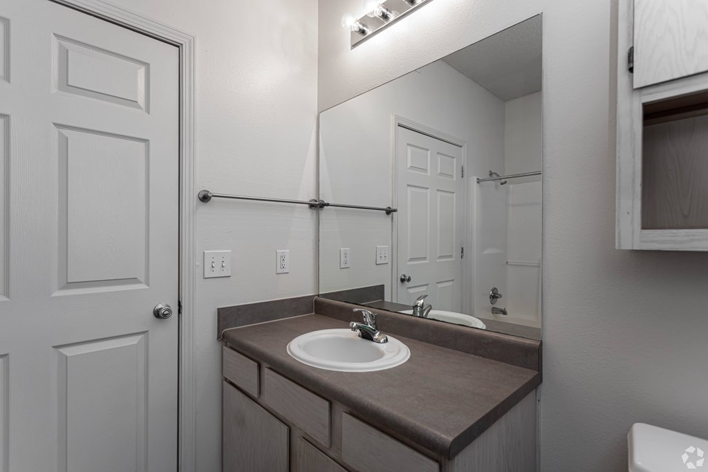 A bathroom with a sink and a mirror.