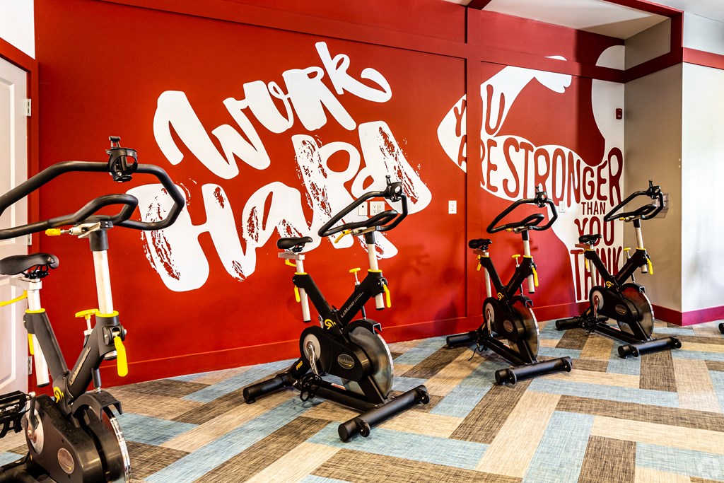 a workout room with exercise bikes in front of a wall with a mural  at Waterside Residences on Quivira, Lenexa, Kansas