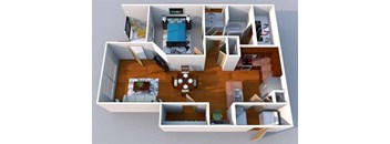 A 3D floor plan of a house with a kitchen, living room, and bedrooms.