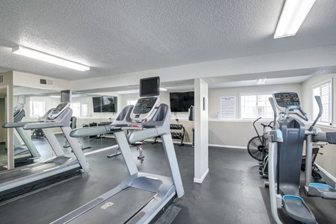 A gym with treadmills and exercise bikes.