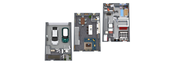 Three different floor plans of a house with a car parked outside.