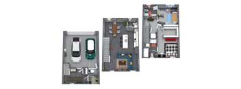 Three different floor plans of a house with a car parked in the driveway.