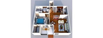 A 3D floor plan of a house showing a kitchen, living room, dining room, and bedrooms.