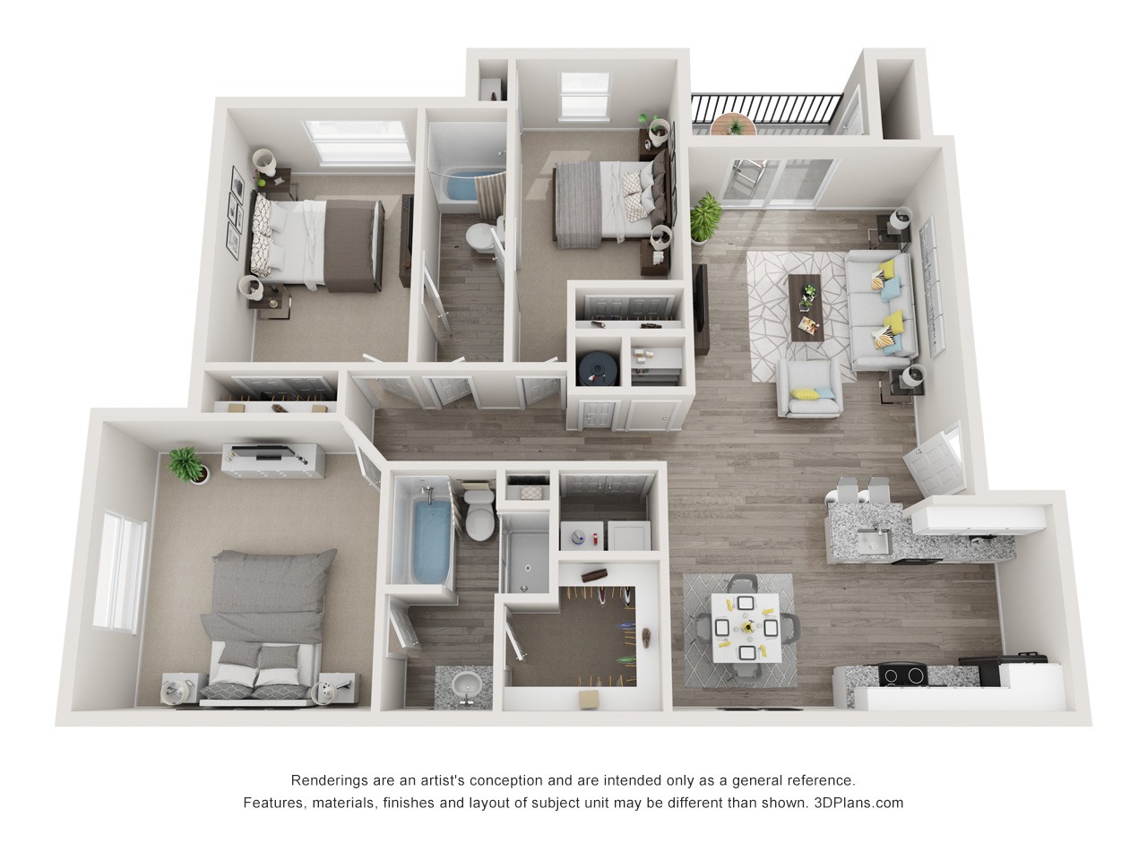 Candelabra Floor Plan at Park Edge Apartments in Lenexa, Kansas. Three-bedroom, two-bath layout totaling approximately 1,377 square feet. Features an open-concept main living and dining area connected to a full kitchen, three private bedrooms including a primary suite with its own bathroom, a second full bathroom accessible from the main hallway, and interior pathways connecting all living spaces.