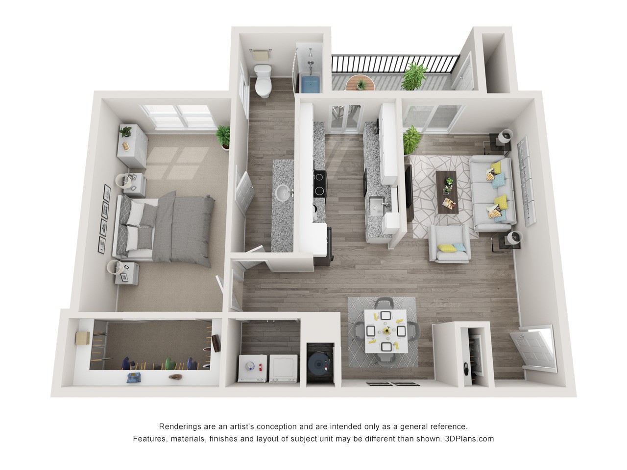 Juniper Floor Plan at Park Edge Apartments in Lenexa, Kansas. One-bedroom, one-bath layout featuring an open living and dining area, a full kitchen, a private bedroom with a closet, and a separate bathroom.