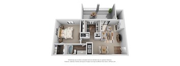 A 3D floor plan of a small apartment with a kitchen, living room, and bathroom.