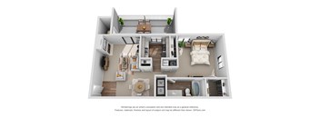 A 3D floor plan of a small apartment with a kitchen, living room, and bedroom.