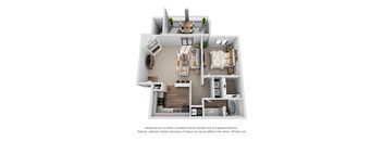 A 3D floor plan of a house with a living room, kitchen, dining room, and bathroom.