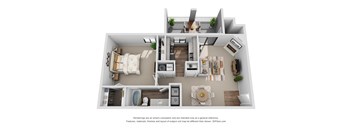 A 3D floor plan of a house with a kitchen, living room, and bathroom.