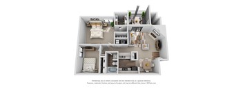 A 3D floor plan of a house with a kitchen, living room, and bathroom.