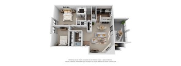 A 3D floor plan of a house with a kitchen, living room, and bedrooms.