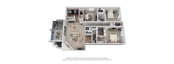 A 3D floor plan of a house with labeled rooms.