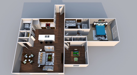 Pessoa floor plan showing a 1 bedroom apartment with a den  at EdgeWater at City Center, Lenexa, Kansas
