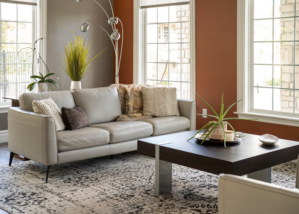a living room with a couch and a coffee table