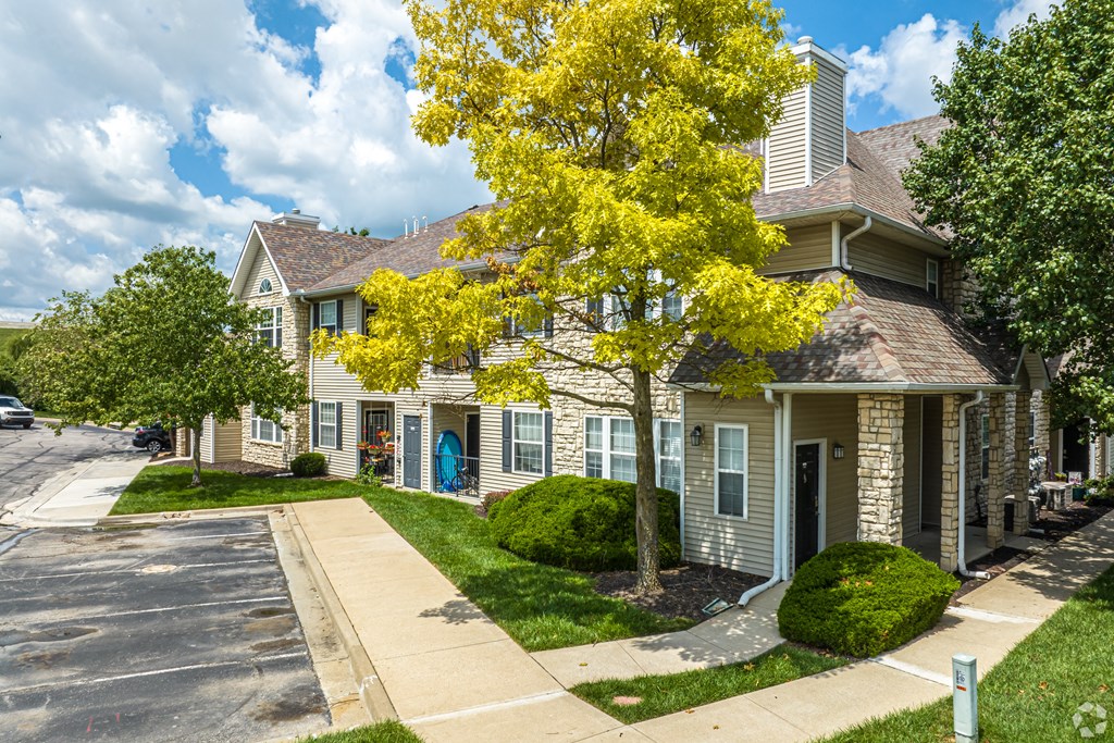 A tree with yellow leaves is in front of a house.