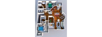 A 3D floor plan of a house with a kitchen, living room, dining room, and a swimming pool.