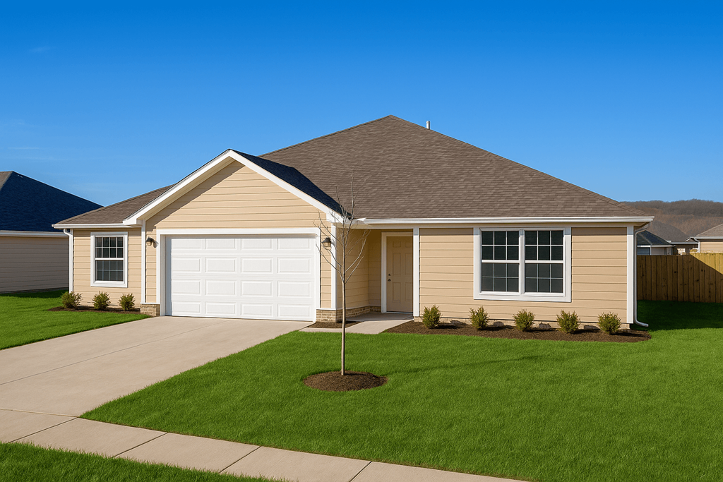 A house with a brown roof and a white garage door.
