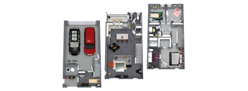 Three different layouts of a small apartment are shown.