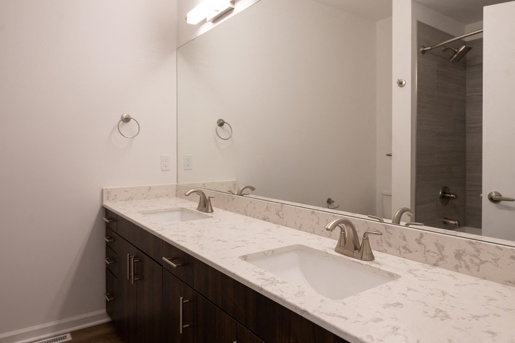 a bathroom with two sinks and a large mirror