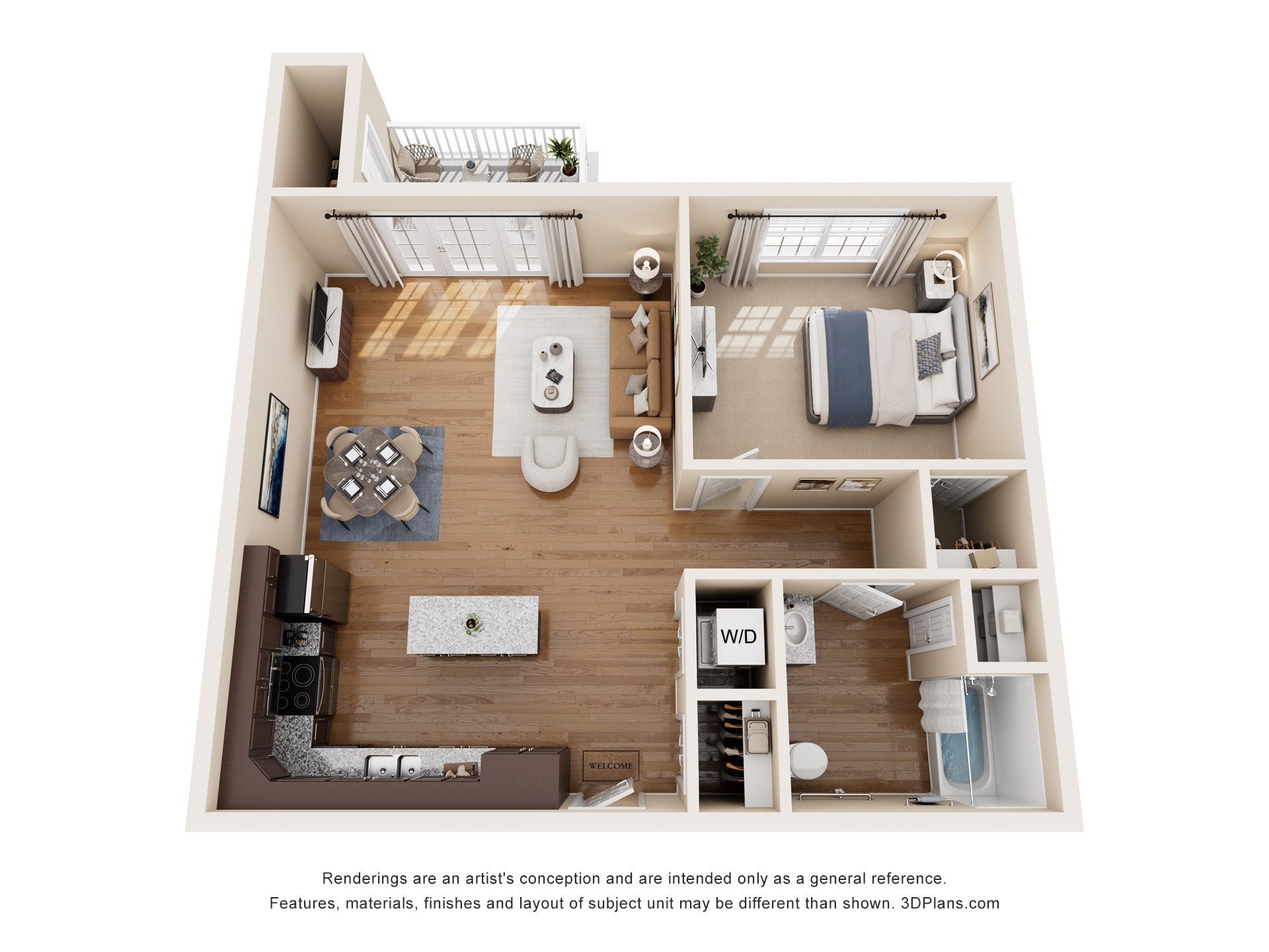 A 3D floor plan of a small apartment with a kitchen, living room, and bathroom.