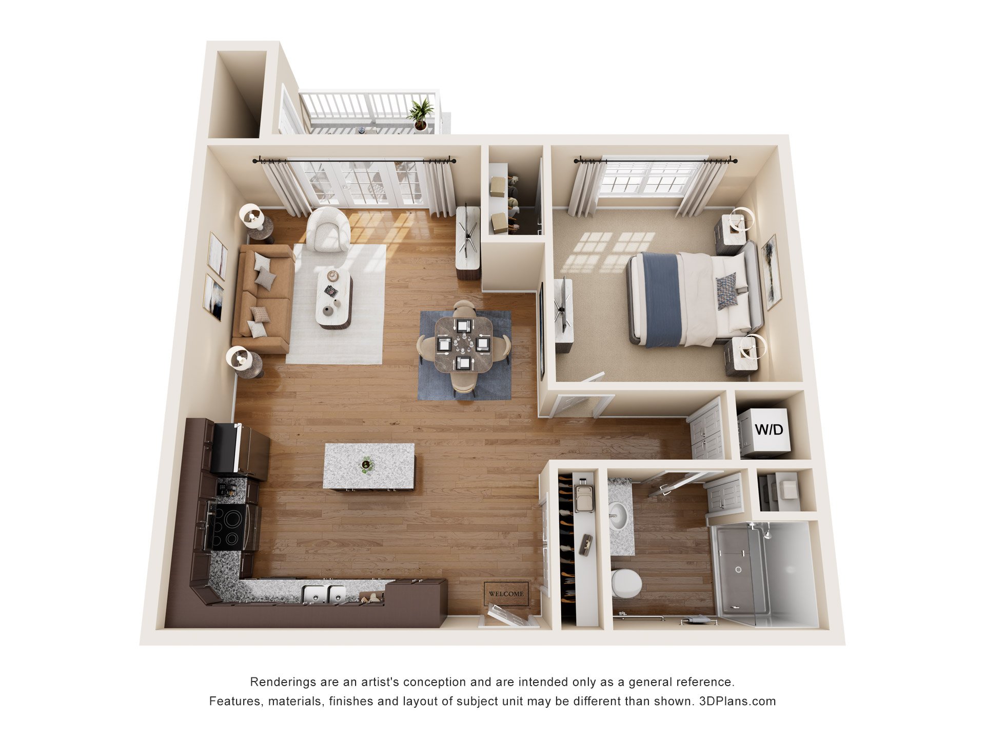 A 3D floor plan of a small apartment with a kitchen, living room, and bathroom.