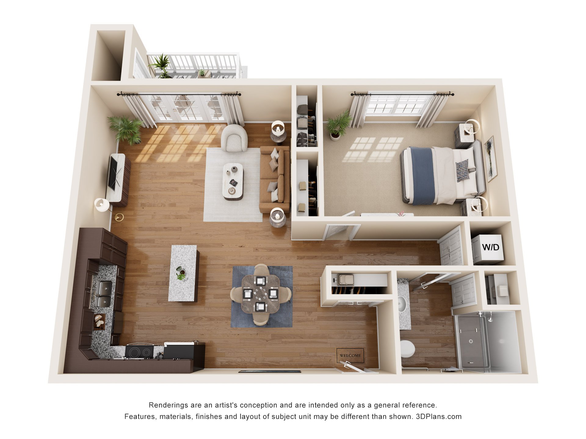 A 3D floor plan of a house with a kitchen, living room, dining room, and bedrooms.