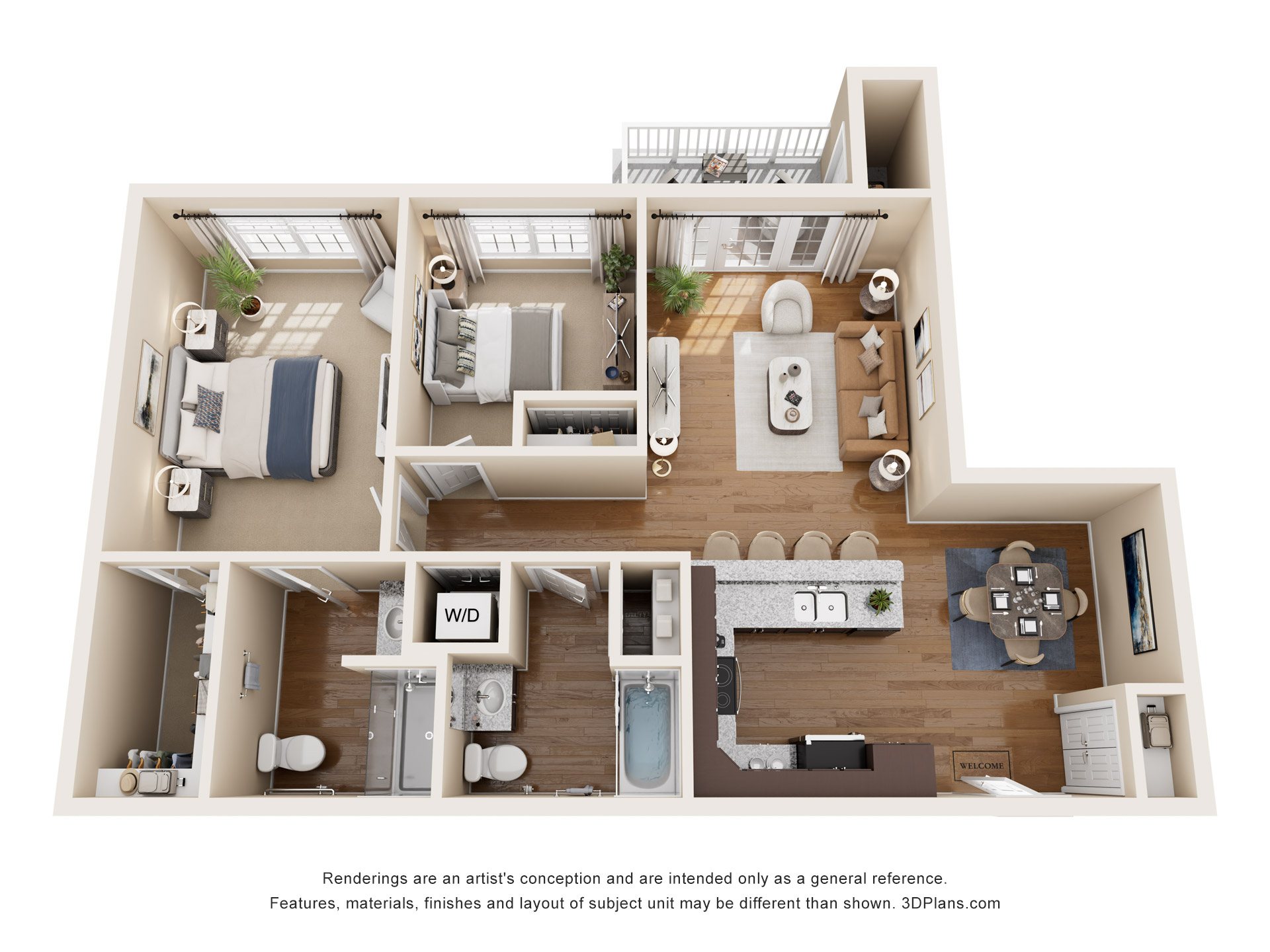 A 3D floor plan of a house with a kitchen, living room, and bathrooms.