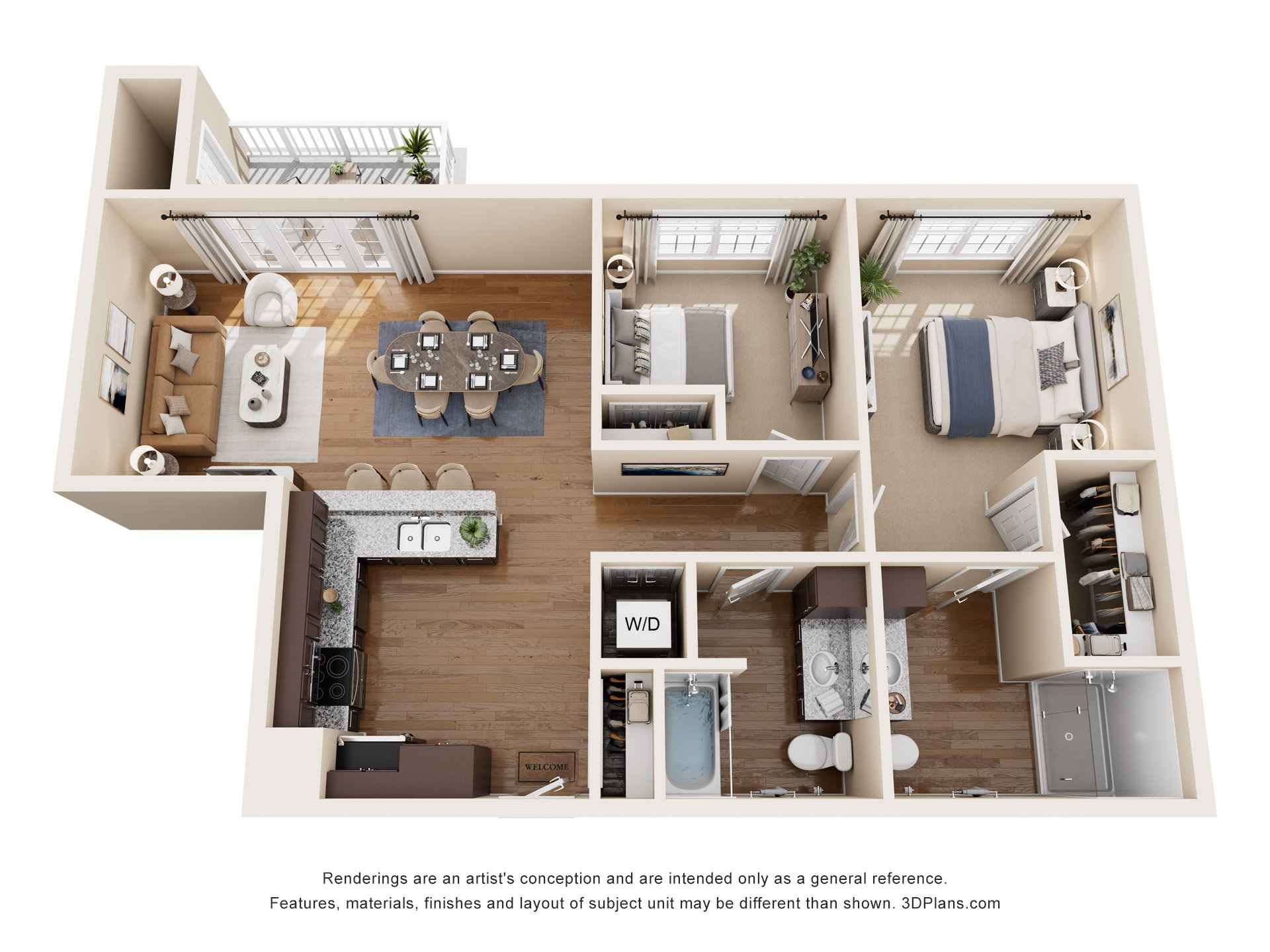 A 3D floor plan of a house with a kitchen, living room, and bathrooms.