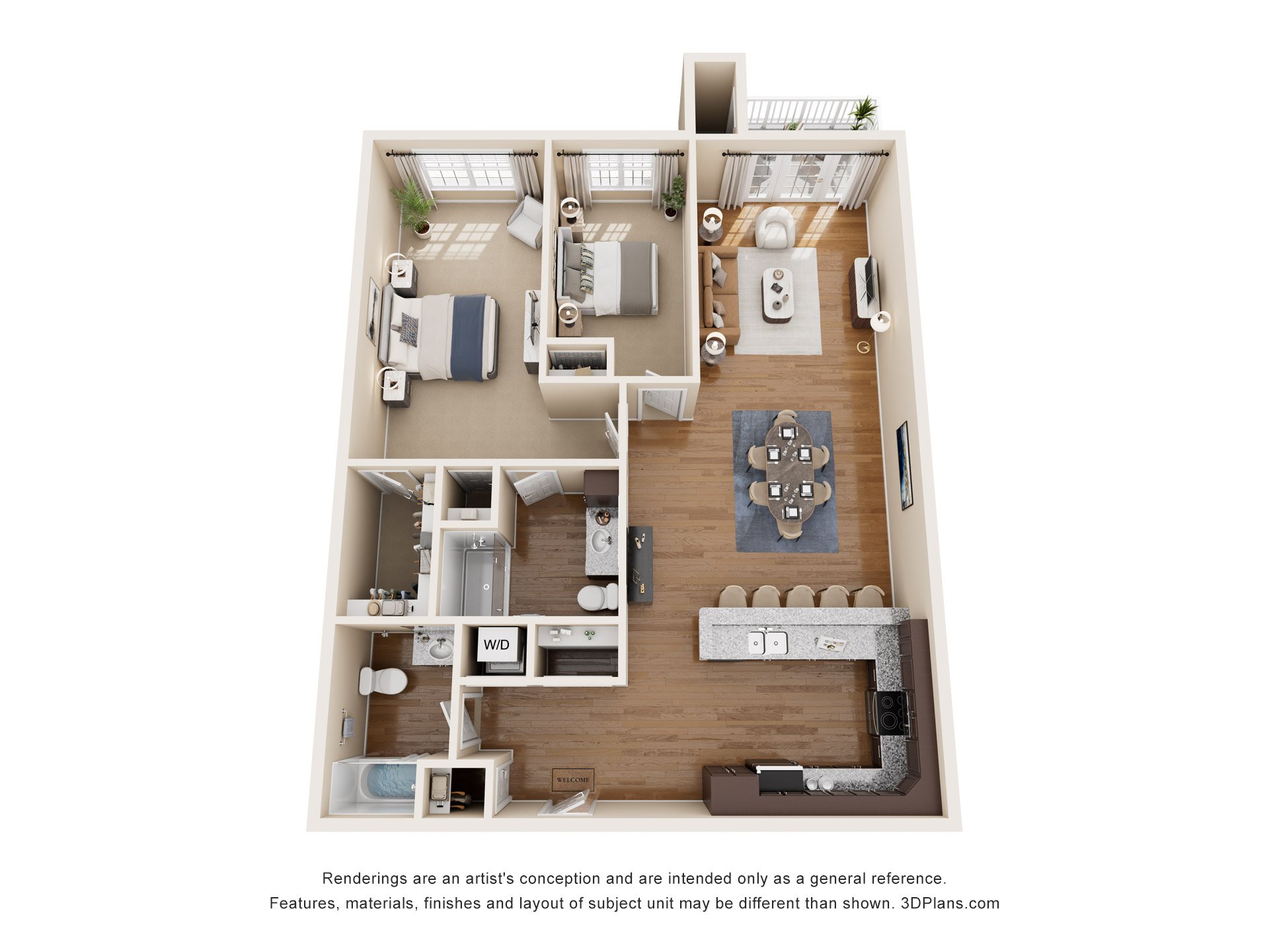 A 3D floor plan of a house with a kitchen, living room, and two bedrooms.