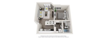 A 3D floor plan of a small apartment with a kitchen, living room, and bathroom.