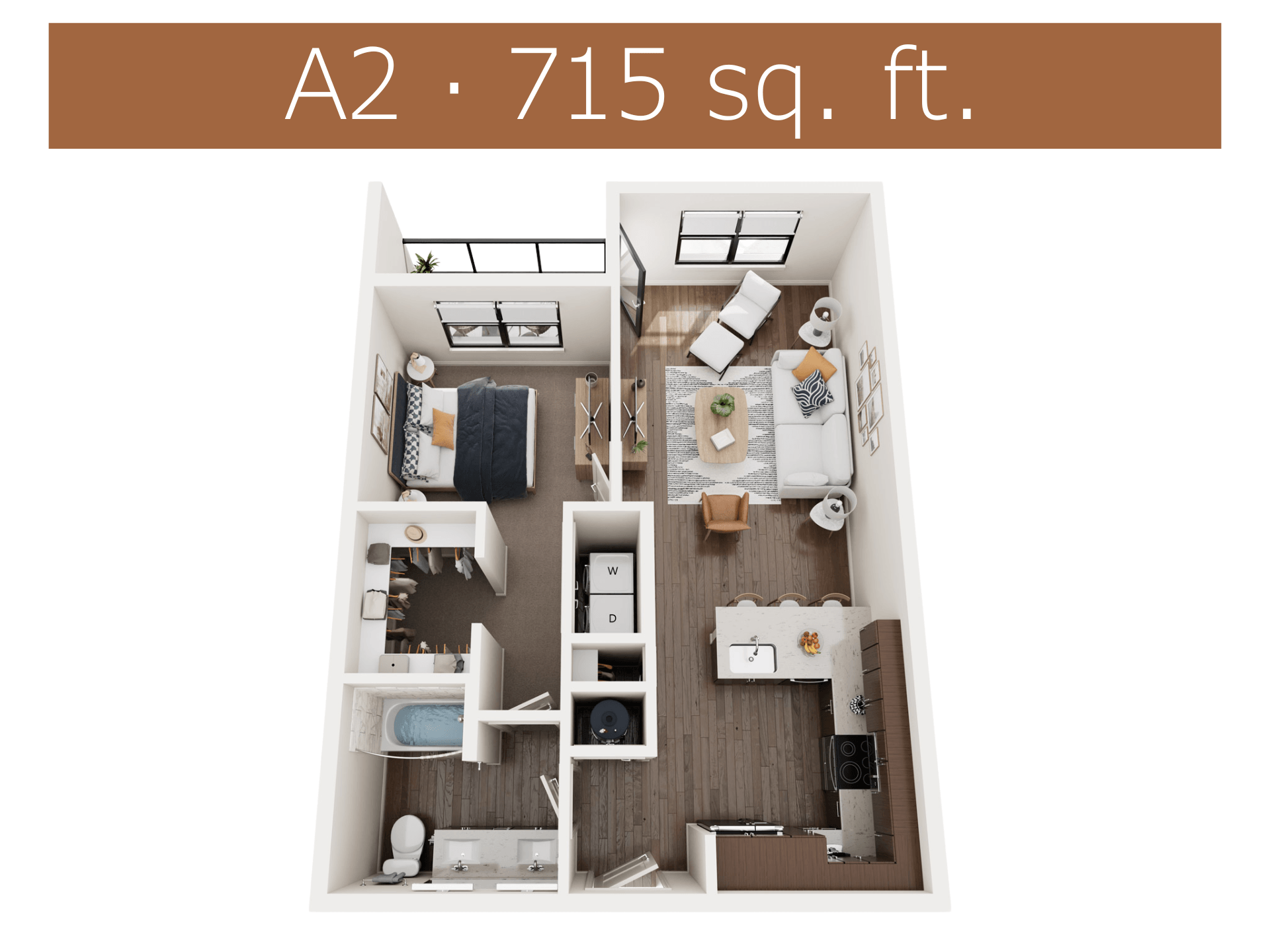 A 2 bedroom apartment is 715 square feet.