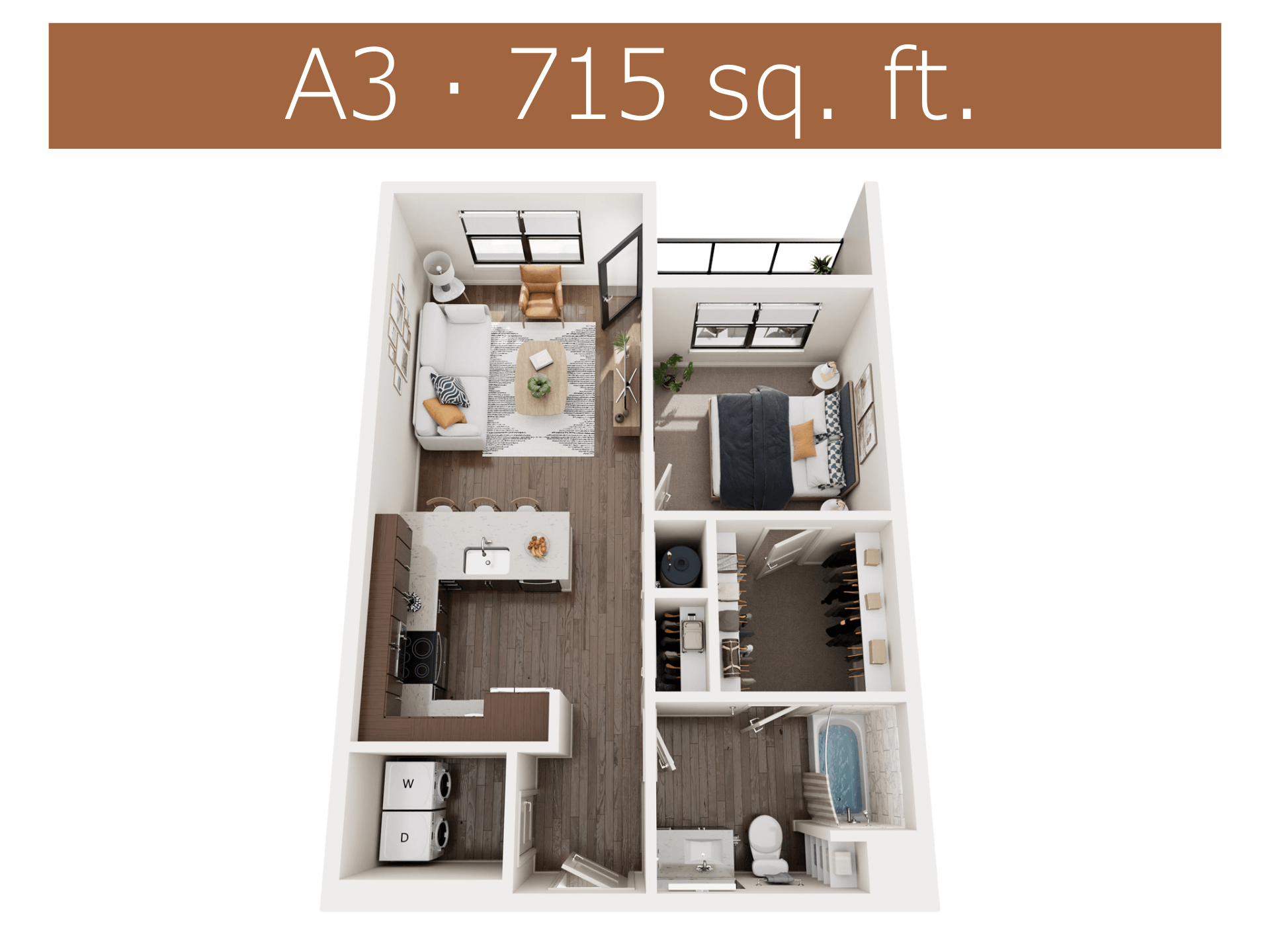 A 1-bedroom apartment is 715 square feet.