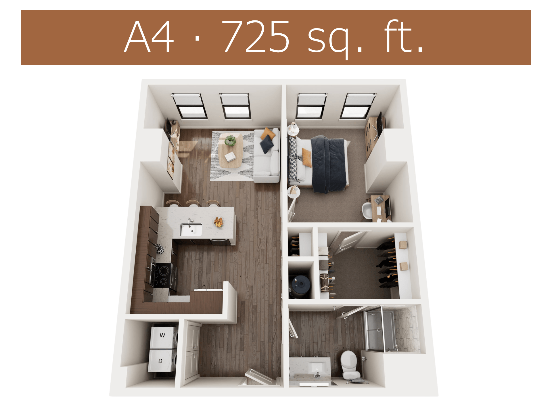 A4 apartment is 725 square feet.
