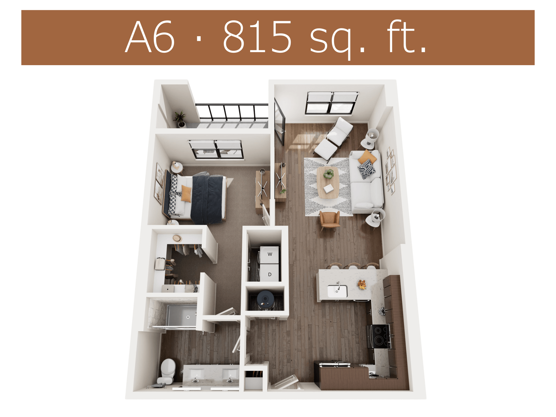 A6 is a 815 sq. ft. apartment with a kitchen, living room, and bathroom.