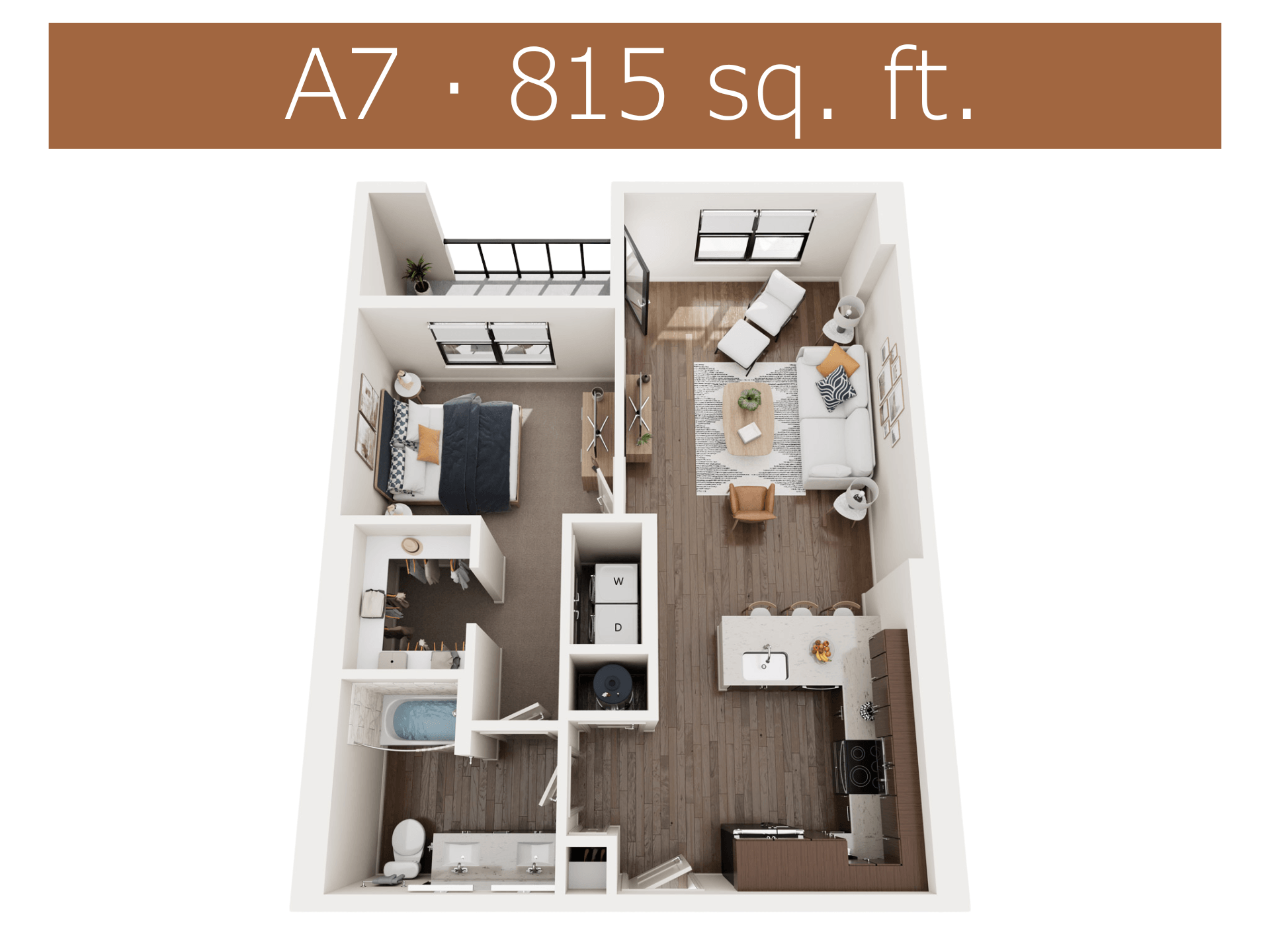 A7 apartment is 815 square feet.