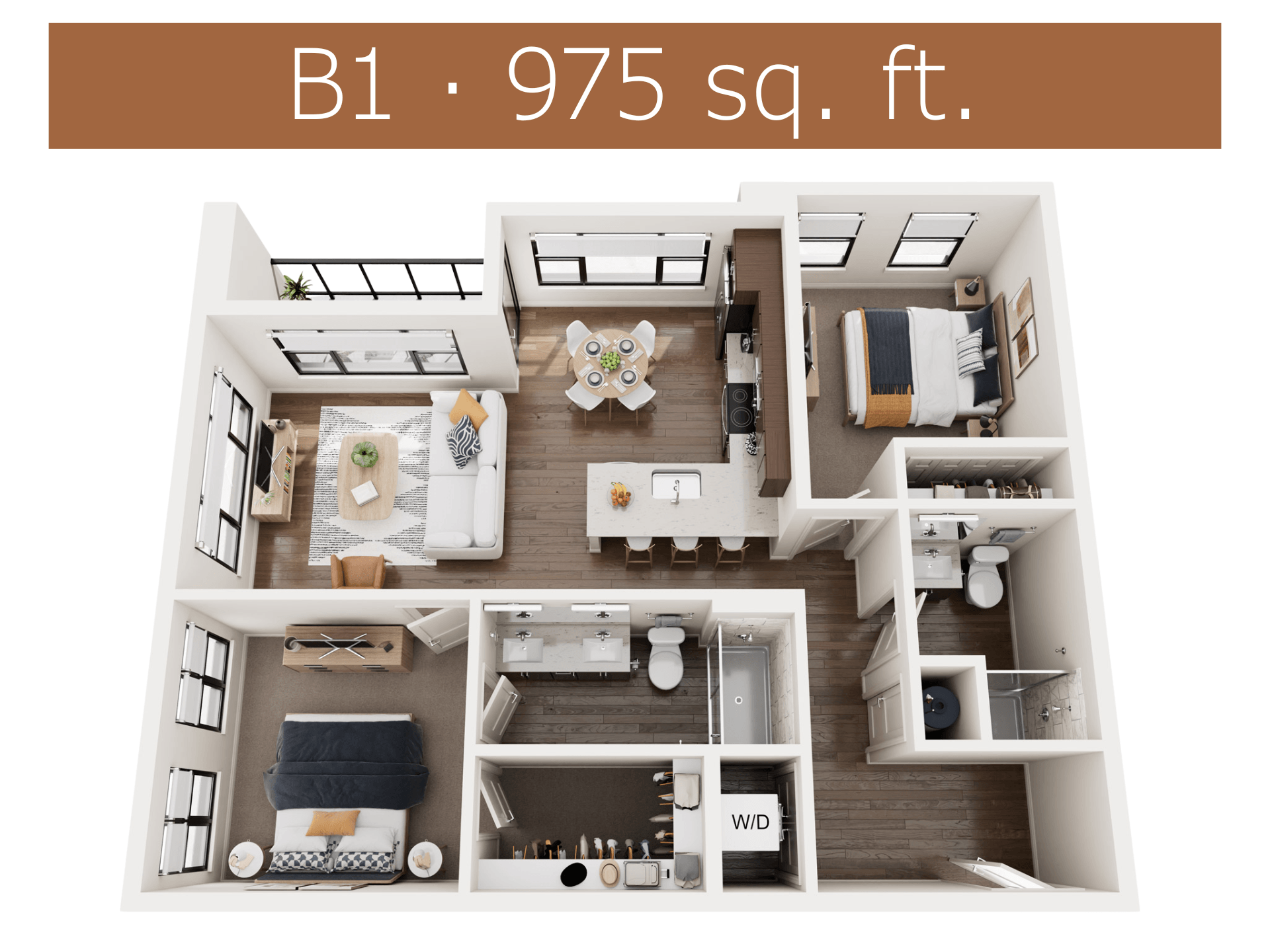 A 975 square foot apartment is displayed with a living room, kitchen, and bedroom.