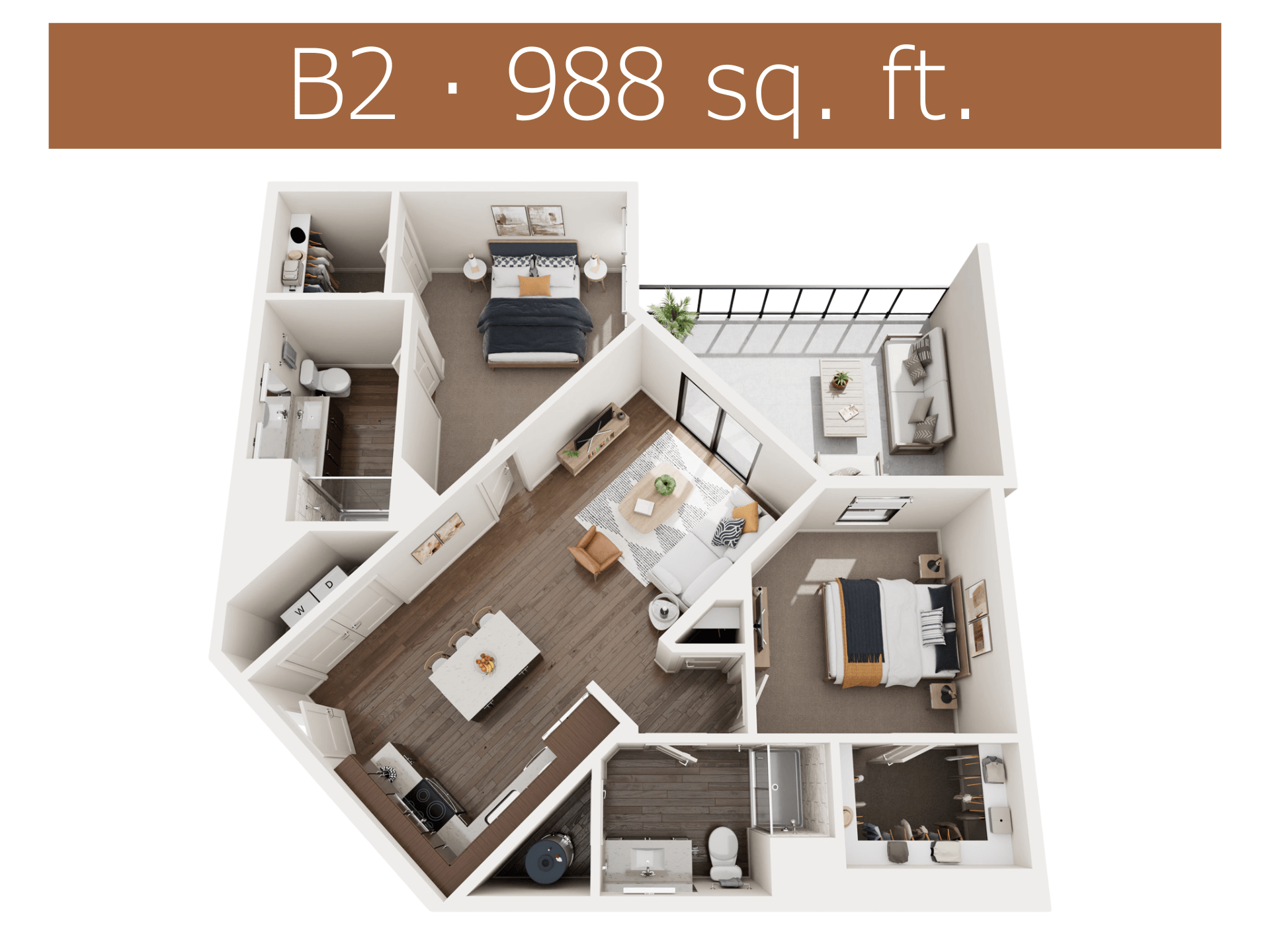A 988 sq. ft. apartment is displayed with a top-down view showing a living room, kitchen, and two bedrooms.