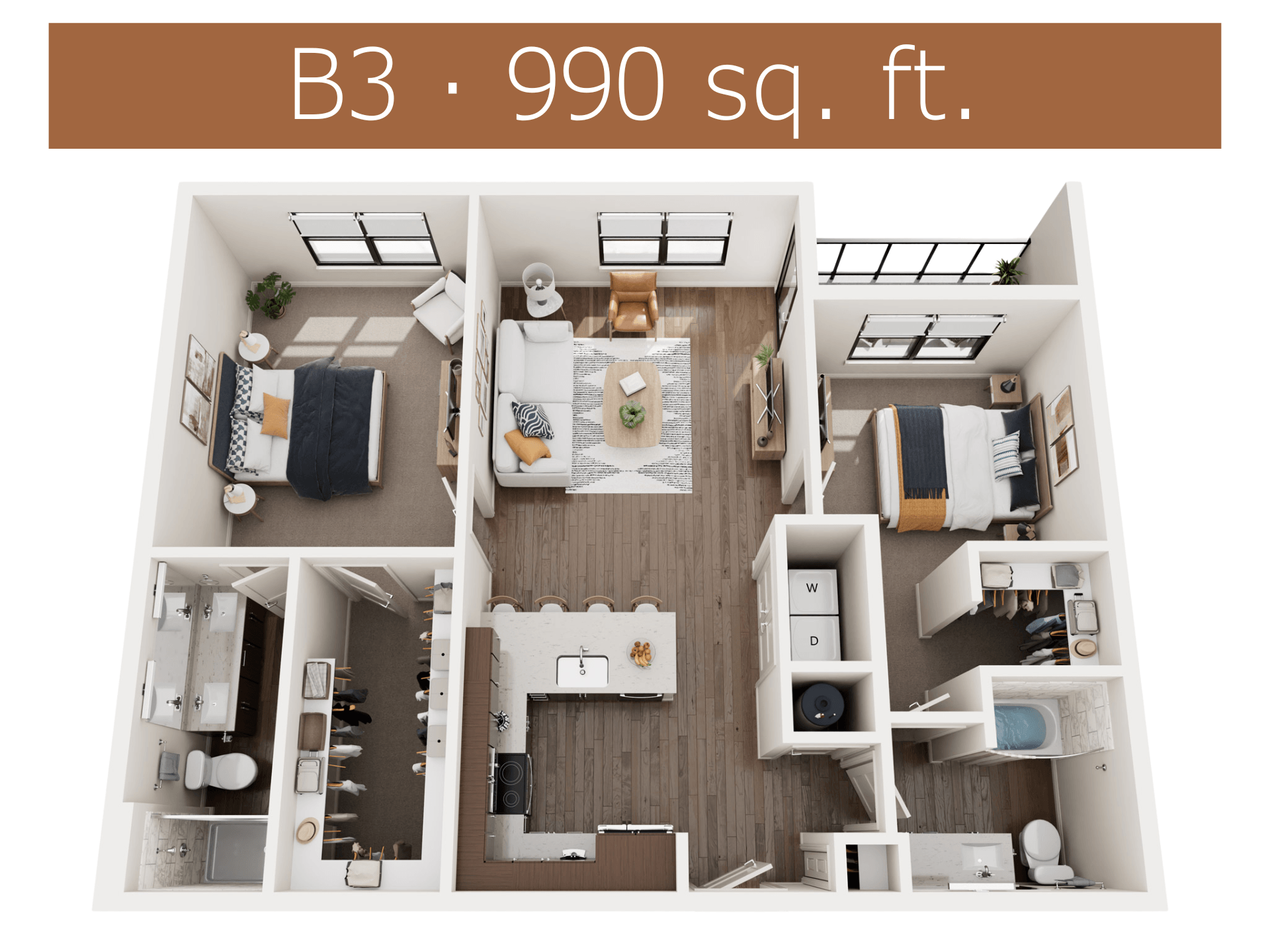 A 990 square foot apartment is displayed with a top-down view showing all rooms and furnishings.
